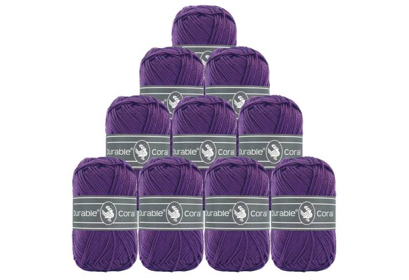 Durable® Yarn 10 x 50g Strick- u. Häkelgarn Durable Coral Baumwolle Sommergarn Häkelwolle, 1250 m (Sparpaket (10 Knäuel je 50g), 271 dunkellila von Durable® Yarn