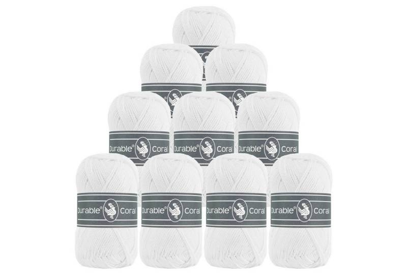 Durable® Yarn 10 x 50g Strick- u. Häkelgarn Durable Coral Baumwolle Sommergarn Häkelwolle, 1250 m (Sparpaket (10 Knäuel je 50g), 310 weiß von Durable® Yarn