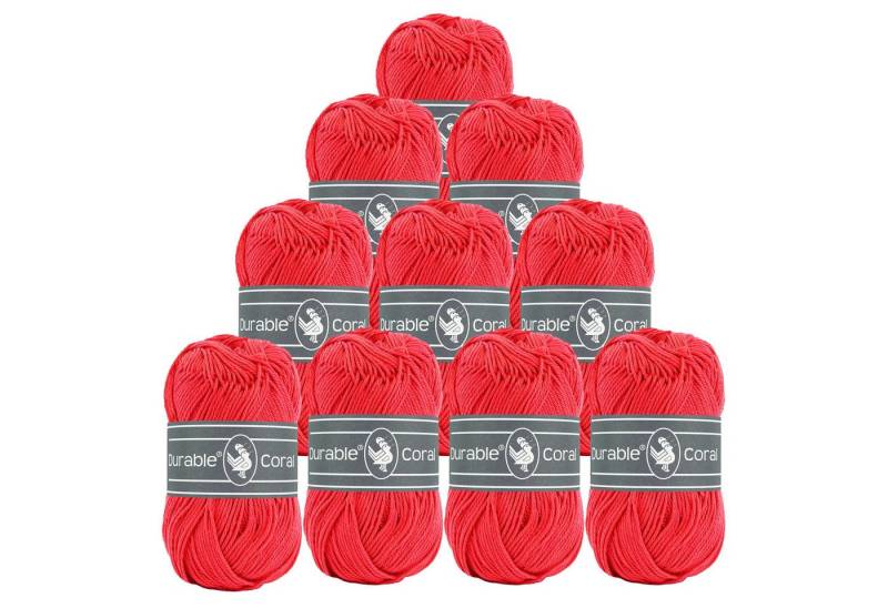 Durable® Yarn 10 x 50g Strick- u. Häkelgarn Durable Coral Baumwolle Sommergarn Häkelwolle, 1250 m (Sparpaket (10 Knäuel je 50g), 316 erdbeerrot von Durable® Yarn