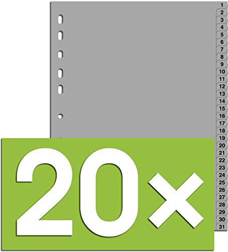 20er Packung Durable Hunke & Jochheim Register 1 - 31, (PP, DIN A4, 215/230 x 297 mm) 31 Blatt grau (20, Register 1 - 31) von Durable