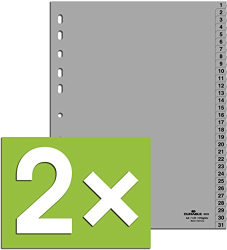 2er Pack Durable Hunke & Jochheim Register 1 - 31, (PP, DIN A4, 215/230 x 297 mm) 31 Blatt grau (2, Register 1 - 31) von Durable