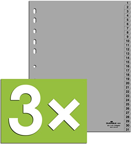 3er Pack Durable Hunke & Jochheim Register 1 - 31, (PP, DIN A4, 215/230 x 297 mm) 31 Blatt grau (3, Register 1 - 31) von Durable