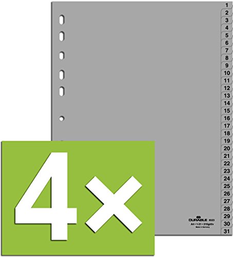 4er Pack Durable Hunke & Jochheim Register 1 - 31, (PP, DIN A4, 215/230 x 297 mm) 31 Blatt grau (4, Register 1 - 31) von Durable