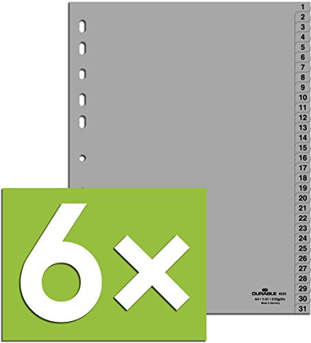 6er Pack Durable Hunke & Jochheim Register 1 - 31, (PP, DIN A4, 215/230 x 297 mm) 31 Blatt grau (6, Register 1 - 31) von Durable