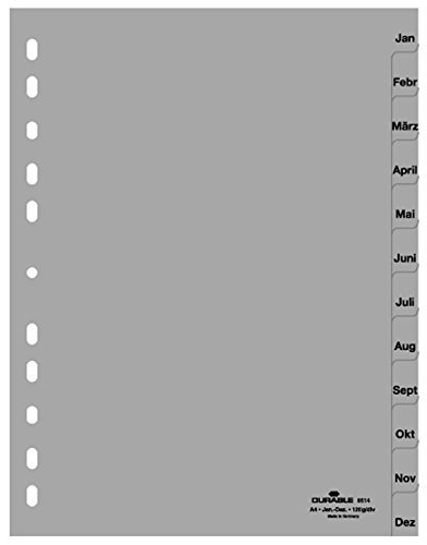 Durable 6514-10 Ordnerregister Jan.-Dez, A4 hoch, 12-teilig, PP, grau (2er Pack) von Durable