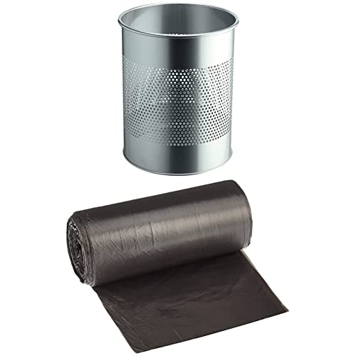 Durable Papierkorb (Metall rund, 15 liters, Perforation 165 mm) silber, 331023 + Müllbeutel DEISS UNIVERSAL PLUS 15 L, 50-er Pack von Durable