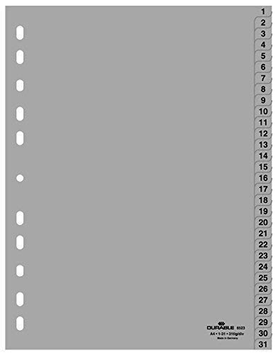 Durable Register 1 -31, DIN A4, grau, PP, Universallochung, 31-teilig (20er Pack) von Durable