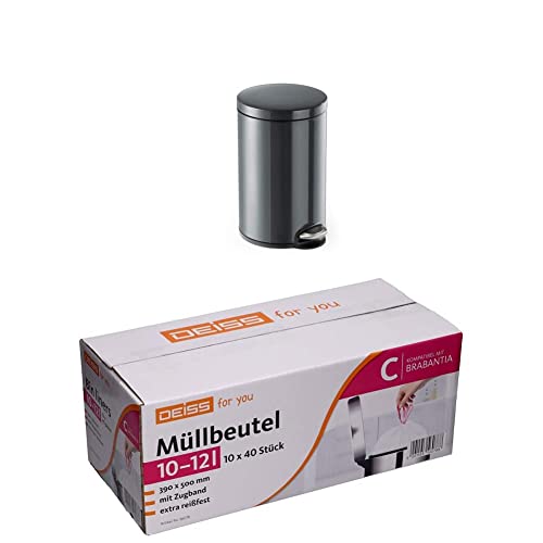 Durable Treteimer Metall rund 12 (mit herausnehmbaren Inneneimer 12 L), 341158 + Müllbeutel DEISS 10-12 Liter, 400 Stück von Durable