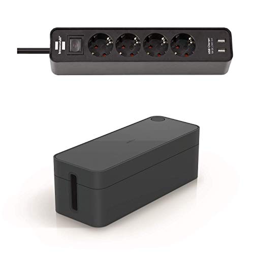 Kabelbox mit Steckdosenleiste - Brennenstuhl 4-fach Steckdosenleiste 2x USB Charger (1,5m Kabel) und Durable Kabelbox Cavoline L (mit Gummifüßen, 406 x 139 x 156 mm, graphite) von Durable