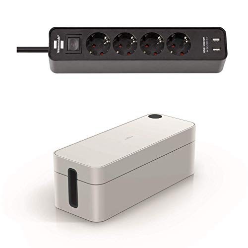 Kabelbox mit Steckdosenleiste - Brennenstuhl 4-fach Steckdosenleiste 2x USB Charger (1,5m Kabel) und Durable Kabelbox Cavoline L (mit Gummifüßen, 406 x 139 x 156 mm, hellgrau) von Durable