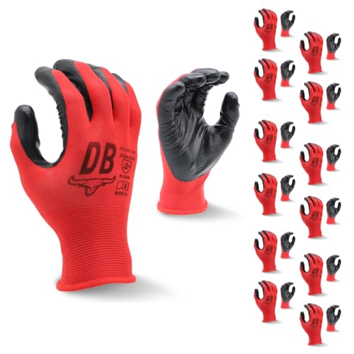 Durabull Arbeitshandschuhe – 12 Paar. Sicherheitsschutzhandschuhe für Arbeit und den allgemeinen Gebrauch. Nitril-Beschichtung mit sicherer Passform und rutschfester Haftung – (Größe 10, Rot). von Durabull