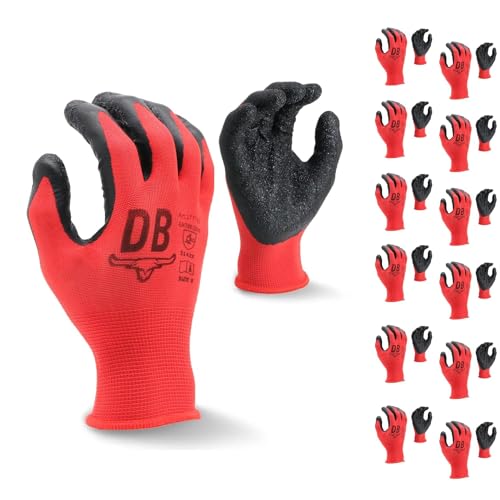 Durabull Arbeitshandschuhe für Herren - 12 Paar. Latexhandschuhe, für Gartenarbeit, mechanische Werkstatt, und professionelle Verwendung. Wasserfeste Arbeitshandschuhe – (Größe 8, Rot) von Durabull
