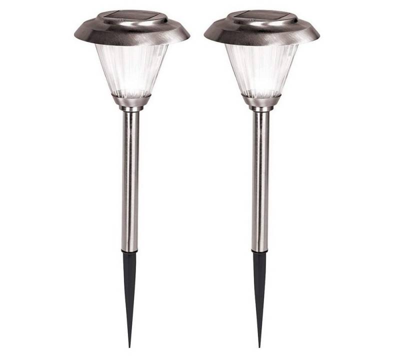 Duracell LED Solarleuchte 2er Set Solarlampe Solar-Leuchte Edelstahl Solarleuchte, LED, Neutralweiß, inklusive Erdspießen und austauschbaren Akkus von Duracell
