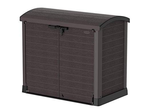 Duramax Cedargrain StoreAway 1200L Gartenhaus aus Kunststoff / Bogendeckel, Mülltonnenbox, Gartenhaus, solide Konstruktion, ideal für Werkzeuge, BBQs und 2x 240L Mülltonnen, 145x85x125 cm, Braun von Duramax