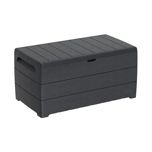 Duramax Cedargrain Durabox 416 Liter/ 110 Gallonen Kissenbox aus Kunststoff, Auflagenboxen für Terrasse und Gartenmöbel, abschließbare Kissenbox aus Kunststoff mit Gasflasche, Dunkelgrau von tepro
