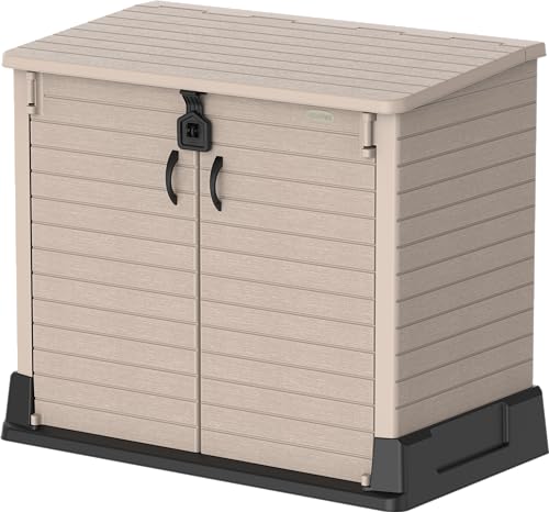 Duramax Cedargrain StoreAway 850L Kunststoff Garten Lagerschuppen Outdoor Lagerschuppen Mülltonnenbox Outdoor Lagerung Schuppen Ideal für Werkzeuge, Grills, Mülleimer & mehr, 130 x 74 x 110 cm, warmes von Duramax