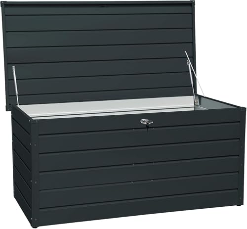 Duramax Palladium Kissenbox aus Metall XL (1043 L) mit hydraulischer Gasdruckfeder und abschließbarem Griff mit Schlüssel, Terrassenbox und Gartenmöbelaufbewahrung, Anthrazit von Duramax