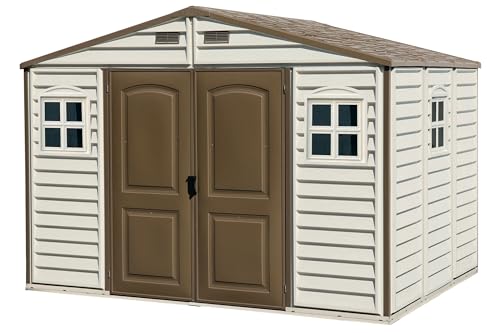 Duramax WoodSide 10 x 8 (7.64 m²) Kunststoff gerätehaus mit 3 festen Fenstern und Metallfundamentset, Gerätehaus, wartungsfreie und robuste und Dachstruktur aus Metall, Ivory/Brown von Duramax