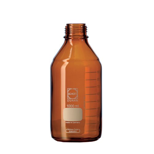 DURAN 21 806 44 5 Laborflasche Braun mit DIN Gewinde, Mit Schraubverschluss und Ausgießring aus PP (Blau), Klar, 500ml Inhalt, 10 Stück von DURAN