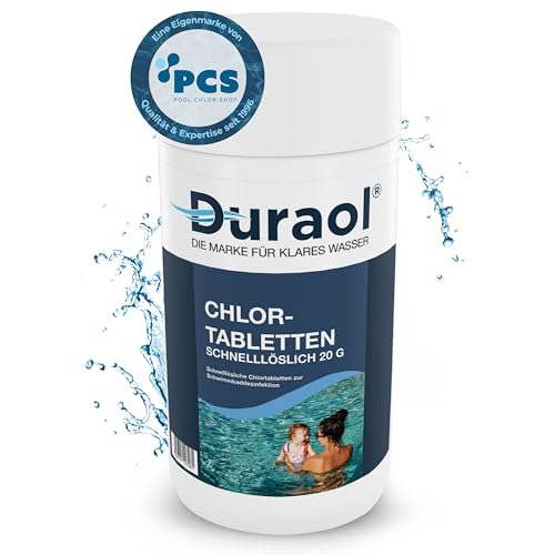 Duraol 1kg Chlor schnelllöslich, 20g - Chlortabletten für Pool - schnelllösliche Chlortabs für Aufstellpool, Kinderpool, Whirlpool - Stoßchlorung Tabletten zur Desinfektion - Pool Zubehör von Duraol