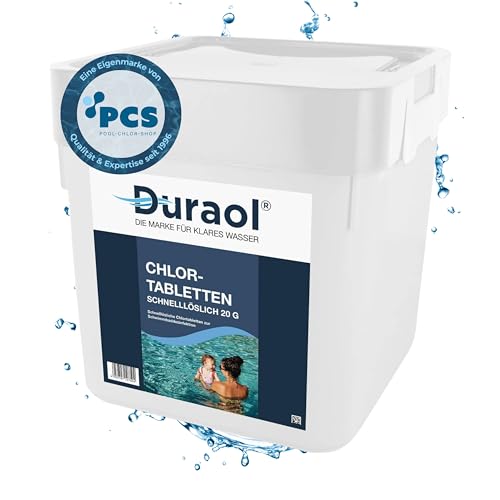 Duraol 5kg Chlor schnelllöslich, 20g - Chlortabletten für Pool - schnelllösliche Chlortabs für Aufstellpool, Kinderpool, Whirlpool - Stoßchlorung Tabletten zur Desinfektion - Pool Zubehör von Duraol