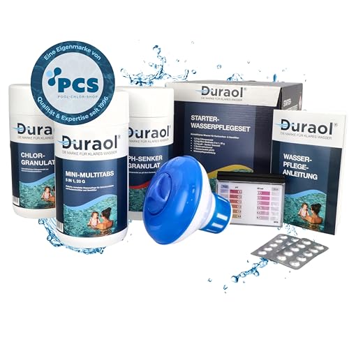 Duraol Wasserpflege Starter Set I Pool-Zubehör-Set für Anfänger I Pool Chlor Starterset für Einsteiger I Mini-Multitabs, Dosierschwimmer, Pooltester, pH-Senker, Chlorgranulat & Anleitung von Duraol