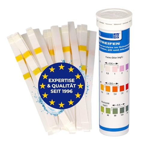 PoolsBest Pool Teststreifen 3 in 1 I 50 Messstreifen I hochwertige pH Test Strips I Streifen zum Testen von pH Wert/Chlor & Alkalinität I pH Indikator Teststreifen für Pool & Whirlpool von Duraol