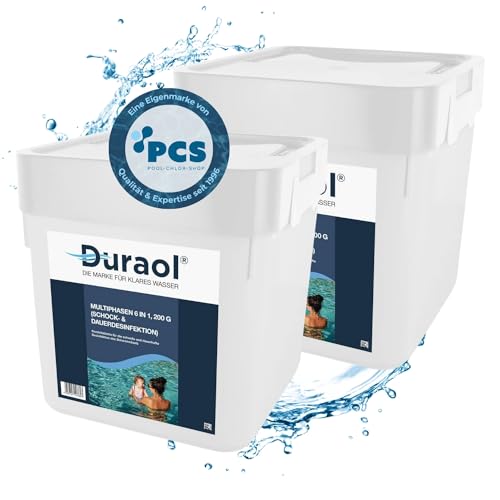 Duraol 10kg (2 x 5kg) Chlor Multiphasen 6 in 1, 200g - Chlortabletten für Pool mit 2 Phasen-Desinfektion (schnell- und langsamlöslich) - Chlortabs als Pool Reinigungsmittel - Poolchemie Poolpflege von Duraol
