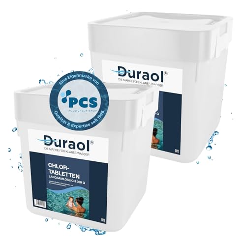 Duraol 10kg (2 x 5kg) Chlor langsamlöslich 200g - Chlortabletten für Pool - langsamlösliche Chlortabs - Langzeit Tabs Reinigungstabletten als Pool Reinigungsmittel - Poolchemie für Poolpflege von Duraol