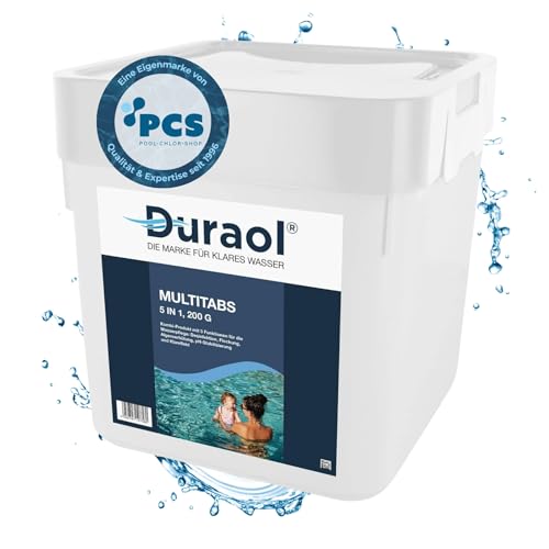 Duraol 5kg Chlor Multitabs 5 in 1, 200g - Chlortabletten für Pool - langsamlösliche Chlortabs als Pool Reinungsmittel - Langzeit Tabs Reinigungstabletten - Poolchemie Poolpflege - Pool Zubehör von Duraol