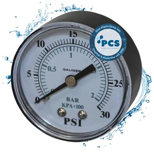 Duraol Pool Manometer für Sandfilter I Druckluft Manometer 1/4" mit Ø 50mm aus Kunststoff I Poolfilter Druckmanometer mit Anschluss hinten I Manometer Wasserdruck mit Anzeige von 0 bis 3,0 Bar von Duraol