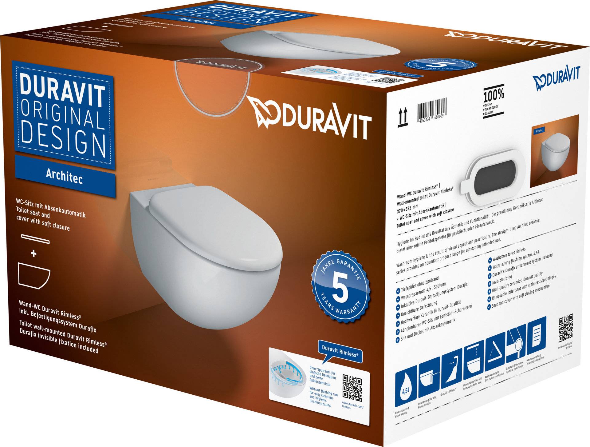 Duravit Architec Wand-WC Rimless Set 457209, Tiefspüler inkl. WC-Sitz von Duravit AG