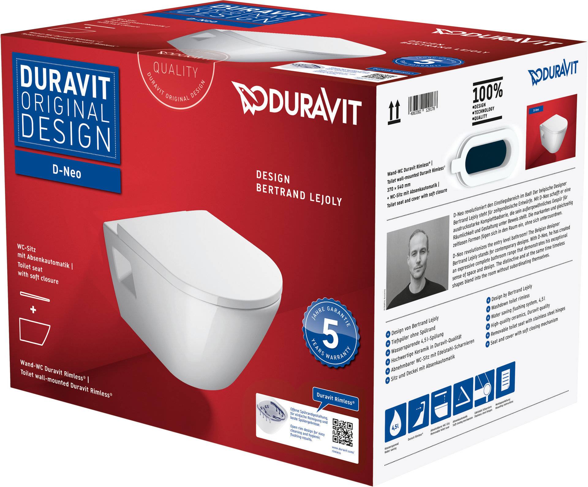 Duravit D-Neo Wand-WC Set, mit Wand-WC, inkl. abnehmbare WC-Sitz, 45780900A1 von Duravit AG