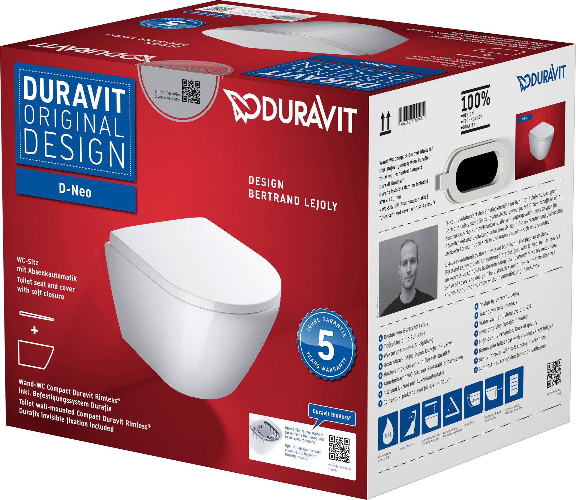 Duravit D-Neo Wand-WC-Set, mit Wand-WC Compact, verdeckte Befestigung, inkl. abnehmbare WC-Sitz, 45880900A1 von Duravit AG