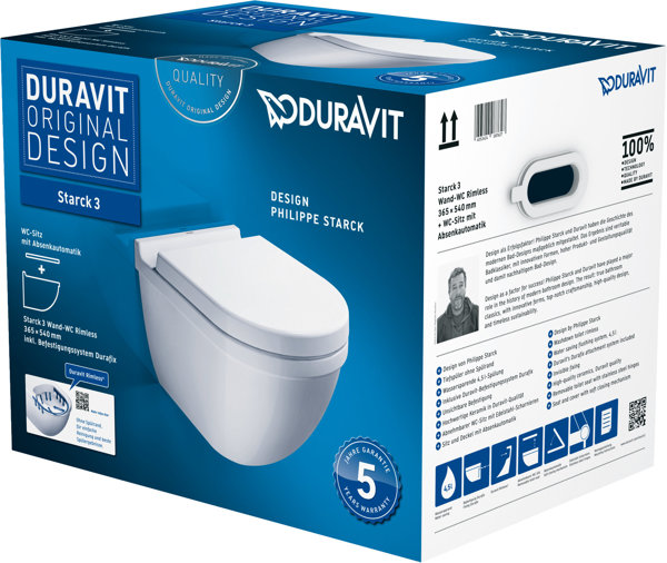 Duravit Starck 3 SET Wand-WC Rimless (spülrandlos) inkl. WC-Sitz mit Absenkautomatik, weiss, Farbe: Weiß von Duravit AG