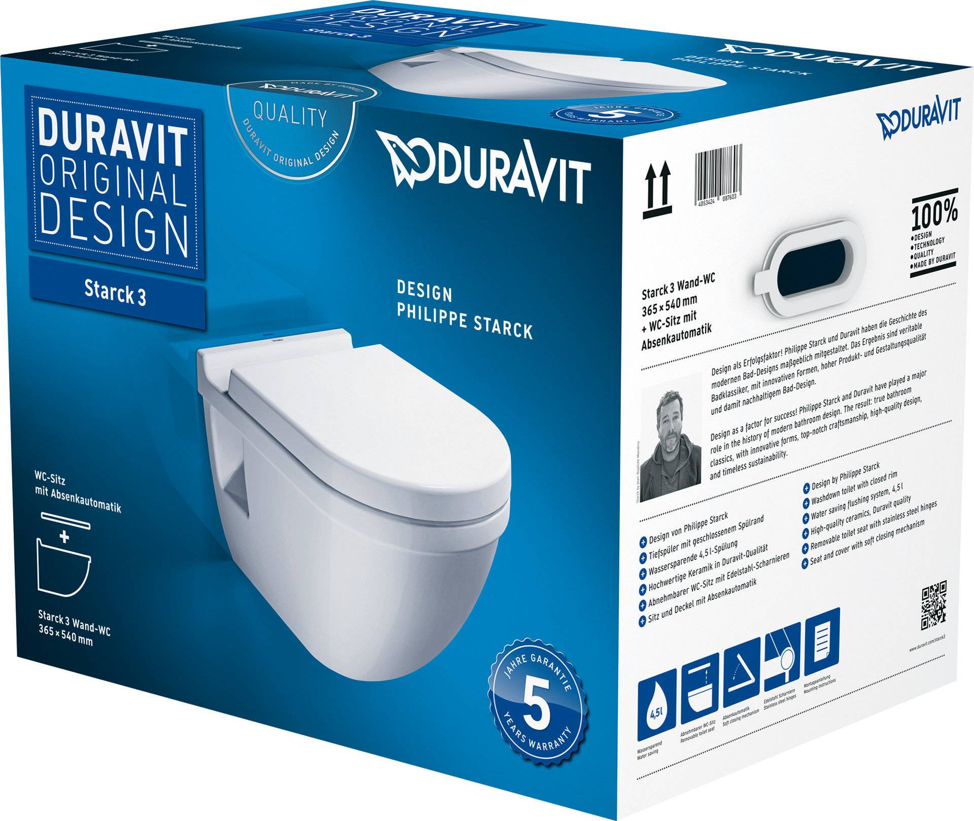 Duravit Starck 3 SET Wand-WC inkl. WC-Sitz mit Absenkautomatik, weiss von Duravit AG