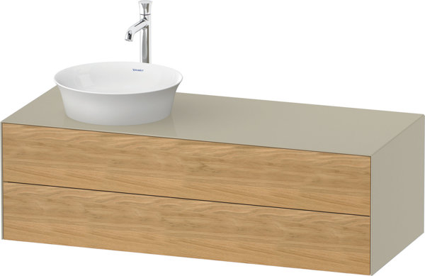 Duravit White Tulip, Waschtischunterbau wandhängend, Breite 1300 x Tiefe 550mm, mit 2 Schubkästen, mit Tip-on Technik, WT4987L, Farbe: Korpus: Taupe Hochglanz, Front: Eiche Natur Massiv von Duravit AG