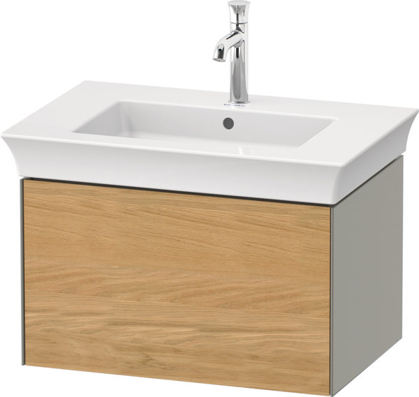 Duravit White Tulip, Waschtischunterbau wandhängend, Breite 684 x Tiefe 458mm, mit 1x Auszug, mit Tip-on Technik, WT42410, Farbe: Korpus: Steingrau Seidenmatt, Front: Eiche Natur Massiv von Duravit AG