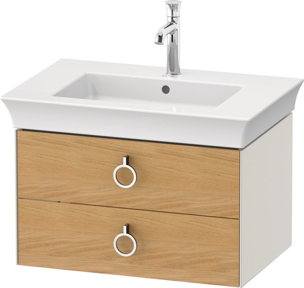 Duravit White Tulip, Waschtischunterbau wandhängend, Breite 684 x Tiefe 458mm, mit 2 Schubkästen, mit Griff, WT43510, Farbe: Korpus: Nordic Weiß Seidenmatt, Front: Eiche Natur Massiv von Duravit AG