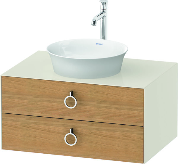 Duravit White Tulip, Waschtischunterbau wandhängend, Breite 800 x Tiefe 550mm, mit 2 Schubkästen, mit Griff, WT49900, Farbe: Korpus: Nordic Weiß Hochglanz, Front: Eiche Natur Massiv von Duravit AG