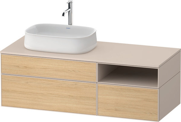 Duravit Zencha Konsolenwaschtischunterbau, 1300x550mm, 2 Auszüge, 1 Schubkasten, offenes Fach, Ausschnitt 1 links, ZE48280, Farbe (Front/Korpus): Front: Eiche Natur/Korpus: Taupe supermatt von Duravit AG