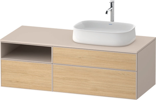 Duravit Zencha Konsolenwaschtischunterbau, 1300x550mm, 2 Auszüge, 1 Schubkasten, offenes Fach, Ausschnitt 1 rechts, ZE48290, Farbe (Front/Korpus): Front: Eiche Natur/Korpus: Taupe supermatt von Duravit AG