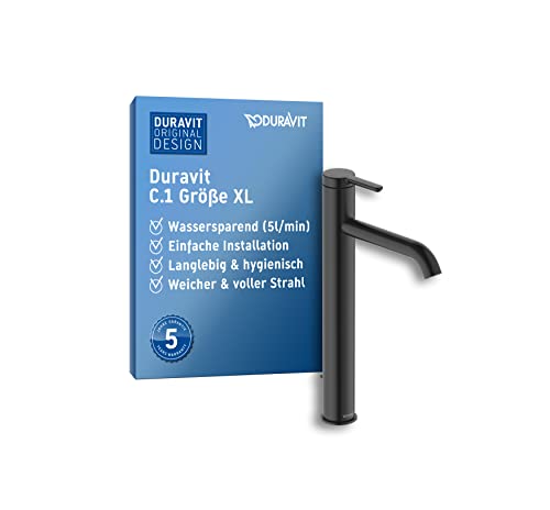 Duravit C.1 Waschtischarmatur, Größe XL (Auslauf Höhe 233 mm). Wasserhahn Bad mit Zugstangen-Ablaufgarnitur, Schwarz Matt von Duravit