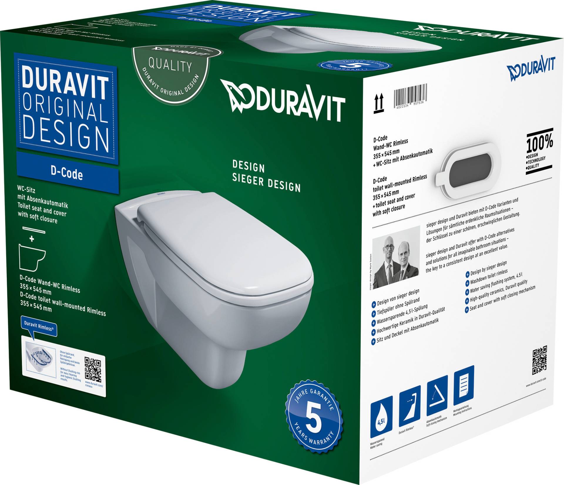 Duravit D-Code Wand-WC Set, Tiefspüler, rimless, 355x545mm, Weiß Hochglanz, inklusive WC-Sitz, SoftClose, 45700900A1 Duravit D-Code Wand-WC Set, Tiefspüler, rimless, 355x545mm, Weiß Hochglanz, inklusive WC-Sitz, SoftClose, 45700900A1 von Duravit