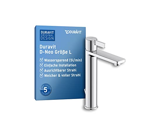 Duravit D-Neo Waschtischarmatur, Größe L (Auslauf Höhe 206 mm). Wasserhahn Bad mit Zugstangen-Ablaufgarnitur, Chrom von Duravit