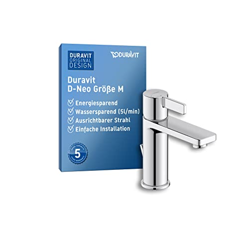 Duravit D-Neo Waschtischarmatur, Größe M (Auslauf Höhe 110 mm). Wasserhahn Bad mit Zugstangen-Ablaufgarnitur, mit energiesparender FreshStart-Funktion, Chrom von Duravit