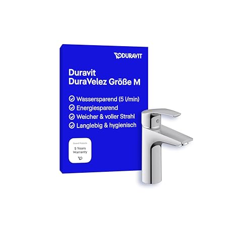 Duravit DuraVelez wassersparende Waschtischarmatur, Größe M (Auslauf Höhe 106 mm), energiesparende Waschbecken Armatur (FreshStart), Wasserhahn Bad ohne Zugstangen Ablaufgarnitur, Chrom von Duravit