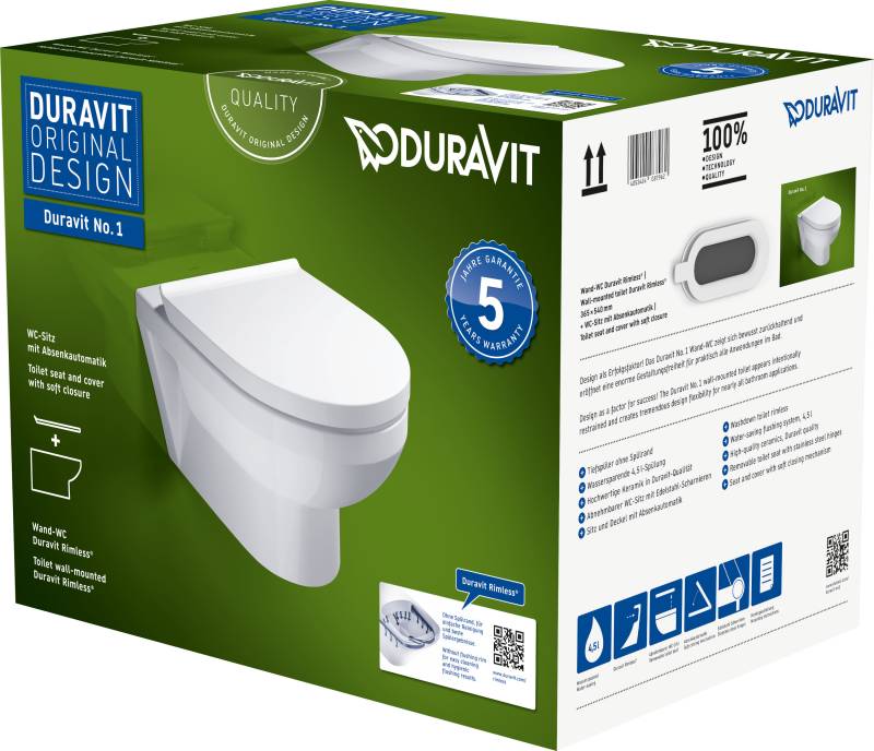 Duravit No.1 Wand-WC Set Compact, inklusive WC-Sitz, 365x480mm, weiß hochglanz, 45750900A1 von Duravit
