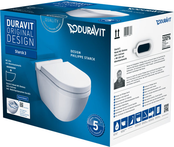 Duravit Starck 3 SET Wand-WC Rimless (spülrandlos) inklusive WC-Sitz mit Absenkautomatik, weiss, 45270900A1 von Duravit