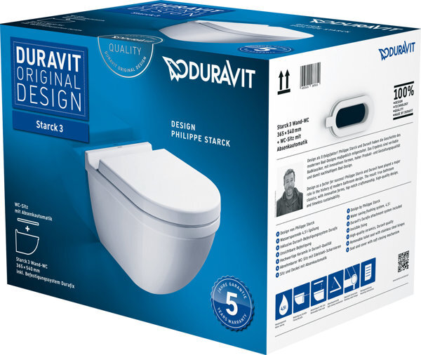 Duravit Starck 3 SET Wand-WC mit verdeckter Befestigung inklusive WC-Sitz mit Absenkautomatik,weiss, 42250900A1 von Duravit